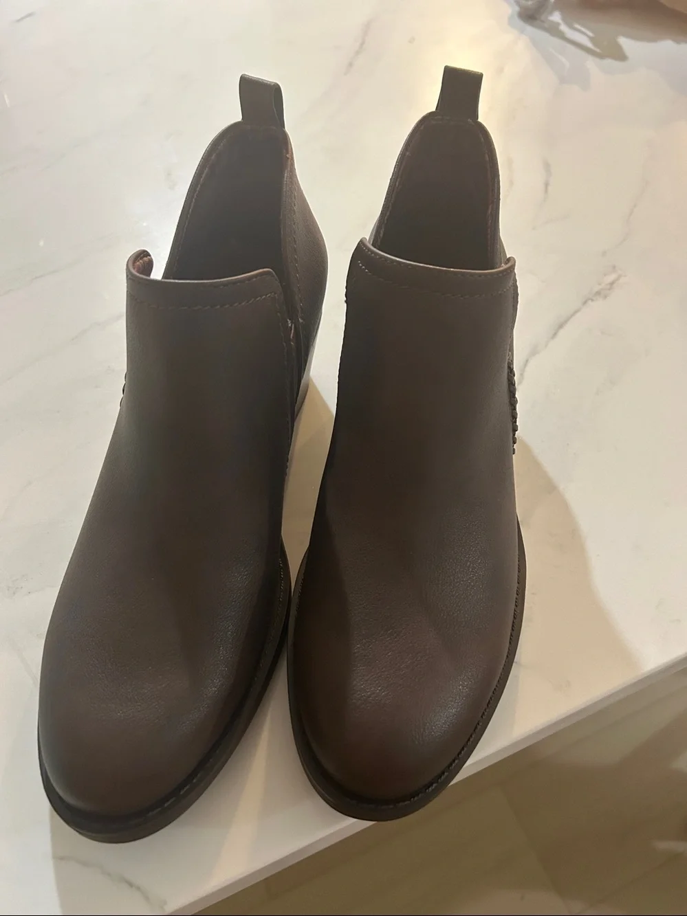 BareTraps Brown Slip-On Ankle Booties with Block Heel